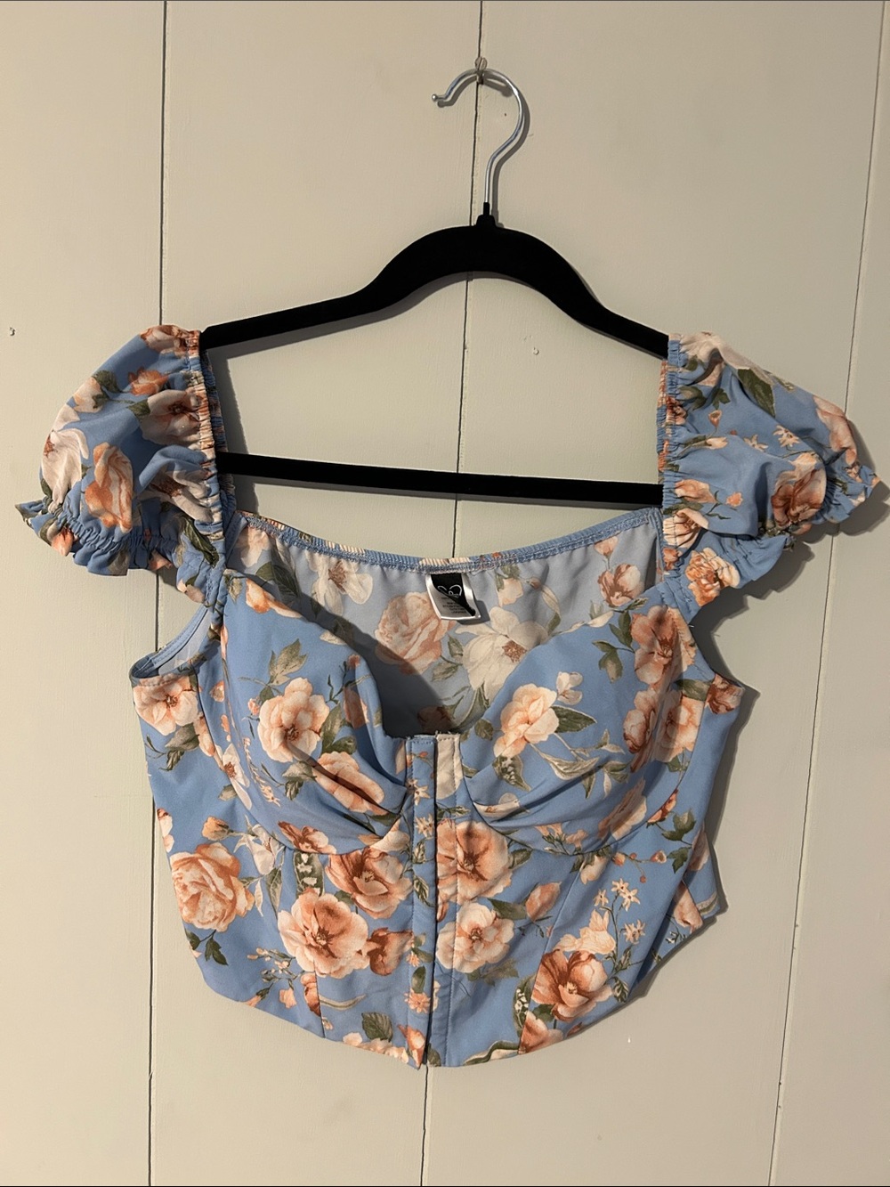 Windsor Blue Floral Puff-Sleeve Corset Crop Top
